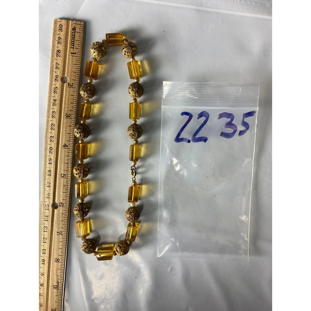 Vintage Amber Resin Gold Tone Filigree‎ Bead Necklace Boho Ethnic 16 Inch 2235